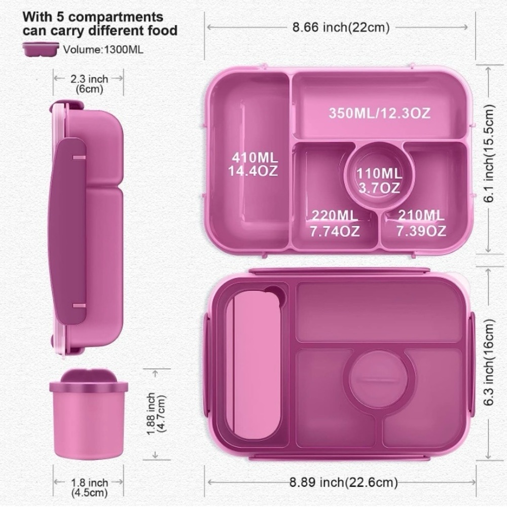Amathley Bento Box With 5 Compartments For Lunches Adults, Kids, Purple BPA Free - Picture 7 of 8